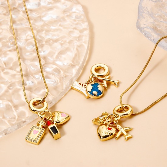 Picture of Brass Travel Dangle Charm Beads For Bracelet Necklace Jewelry Making 18K Real Gold Plated Heart Airplane Enamel