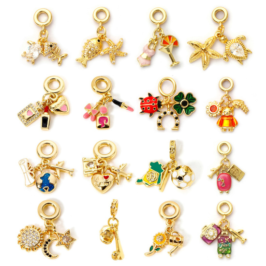 Picture of Brass Travel Dangle Charm Beads For Bracelet Necklace Jewelry Making 18K Real Gold Plated Heart Airplane Enamel