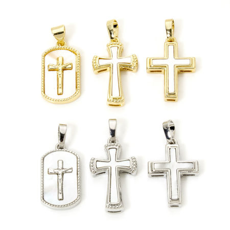 Natural Shell & Brass Religious Charm Pendant Multicolor Cross