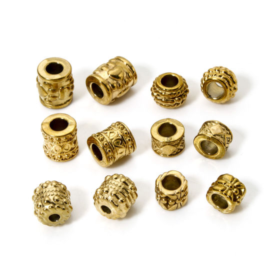 Image de 5 Pcs Perles pour DIY Fabrication de Bijoux en 304 Acier Inoxydable Placage Sous Vide Écologique Plaqué Or Véritable 18K Tambour Texture