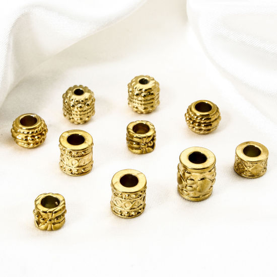 Image de 5 Pcs Perles pour DIY Fabrication de Bijoux en 304 Acier Inoxydable Placage Sous Vide Écologique Plaqué Or Véritable 18K Tambour Texture