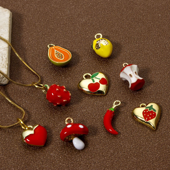 Image de 2 Pcs Breloques en Laiton Plaqué Or 18K Fruits Émail