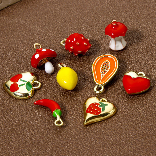 Image de 2 Pcs Breloques en Laiton Plaqué Or 18K Fruits Émail