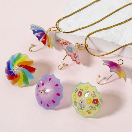 Image de 5 Pcs Breloques Collection de Météo en Laiton & Résine Parapluie 3D Plaqué Or 18K Multicolore 22mm x 20mm