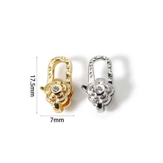 2 個 エコフレンドリー 真鍮 ロブスタークラスプ フラワー リアルゴールドメッキ マイクロパヴェ クリア ジルコン 11.5mm x 7mm、 の画像