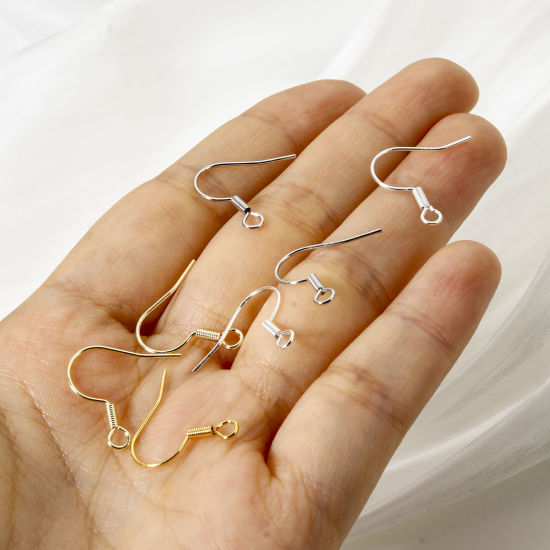 Picture of Eco-friendly Brass Ear Wire Hooks Earrings For DIY Jewelry Making Accessories Wholesale Real Gold Plated Hook With Loop 18mm x 17mm, Post/ Wire Size: 0.6mm(22 gauge)