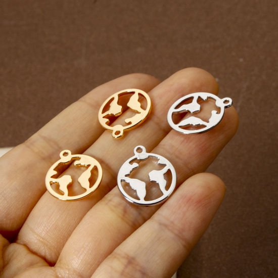 5 個 エコフレンドリー 真鍮 チャーム リアルゴールドメッキ 円形 地図 18mm x 15mm、 の画像