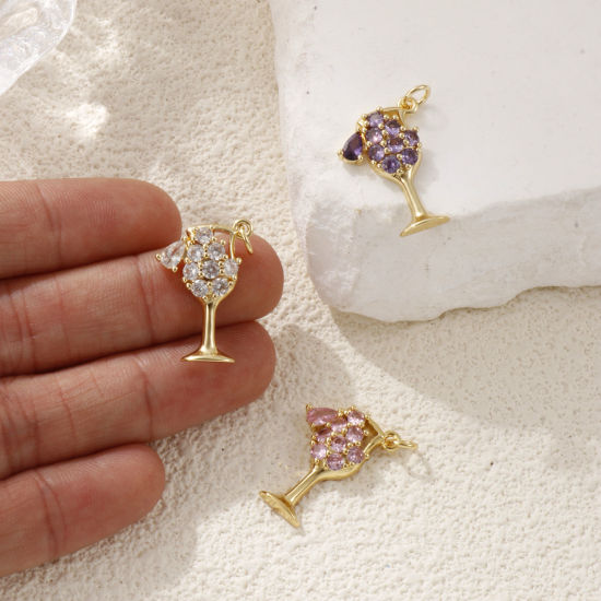 Picture of Eco-friendly Brass Charms 18K Real Gold Plated Wine Glass Hollow Multicolour Cubic Zirconia