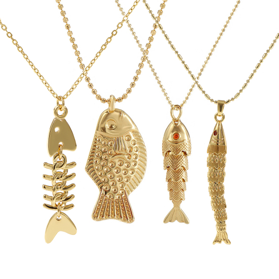Image de 1 Pièce Collier à Pendentif Chaîne Maille Bille Bijoux d'Océan en Laiton Respectueux de la Nature Bohême Plaqué Or Véritable 18K Poisson Unisexe Cadeau 45cm + 5cm long