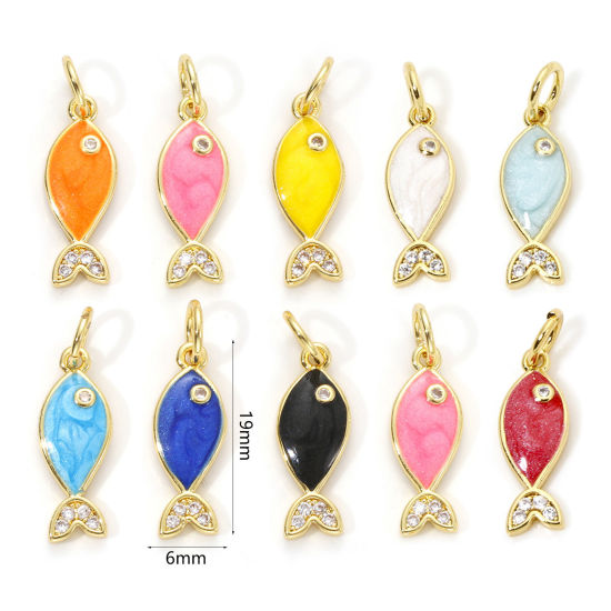Picture of Eco-friendly Brass Ocean Jewelry Charms 18K Real Gold Plated Enamel Fish Animal Pearlized Clear Cubic Zirconia 19mm x 6mm
