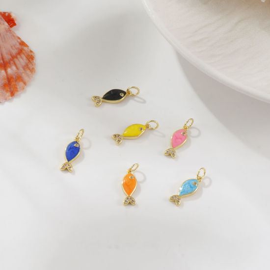 Picture of Eco-friendly Brass Ocean Jewelry Charms 18K Real Gold Plated Enamel Fish Animal Pearlized Clear Cubic Zirconia 19mm x 6mm