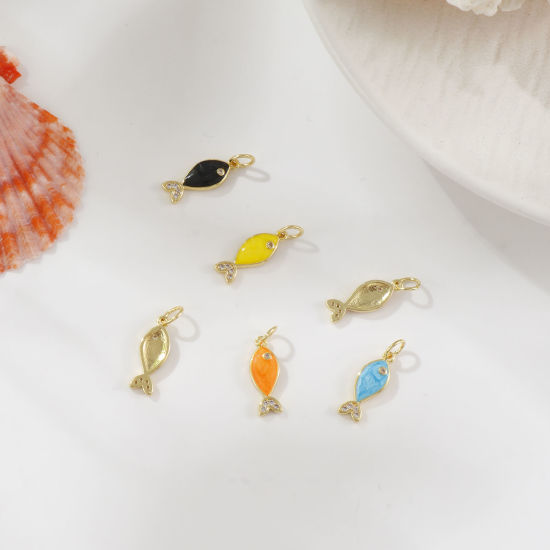 Picture of Eco-friendly Brass Ocean Jewelry Charms 18K Real Gold Plated Enamel Fish Animal Pearlized Clear Cubic Zirconia 19mm x 6mm
