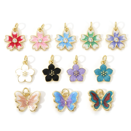 Picture of Eco-friendly Brass Charms 18K Real Gold Plated Multicolor Enamel Flower Butterfly