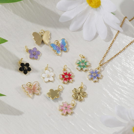 Picture of Eco-friendly Brass Charms 18K Real Gold Plated Multicolor Enamel Flower Butterfly