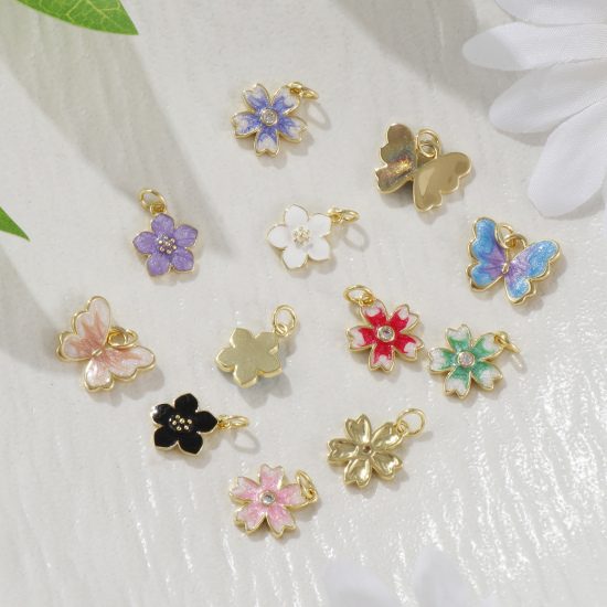 Picture of Eco-friendly Brass Charms 18K Real Gold Plated Multicolor Enamel Flower Butterfly