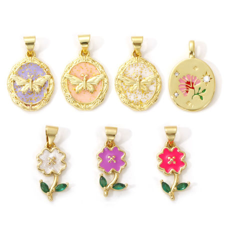 Messing Charms 18K Vergoldet Bunt Emaille Blumen Schmetterling