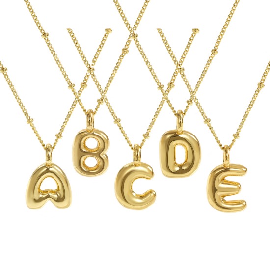 Image de Collier à Breloques Alphabet Majuscule Lettre Initiale Plaqué Or Véritable 18K en Laiton Pour Femmes, Chaîne Maille Cheval 45cm + 5cm, Message " A-Z " Exquis Cadeau, Respectueux de la Nature, 1 Pièce
