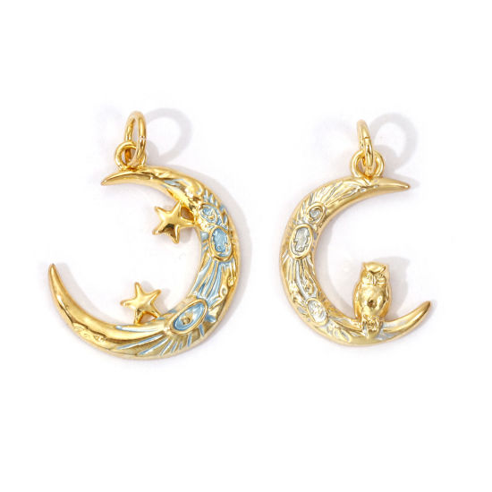 Picture of Eco-friendly Brass Galaxy Charms 18K Real Gold Plated Enamel Crescent Moon 22mm x 17mm