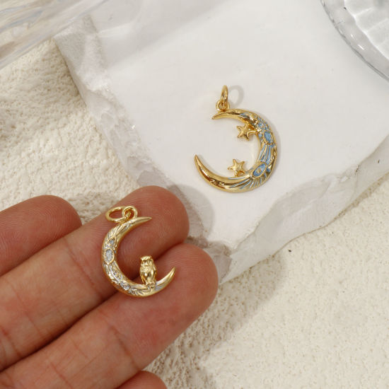 Picture of Eco-friendly Brass Galaxy Charms 18K Real Gold Plated Enamel Crescent Moon 22mm x 17mm