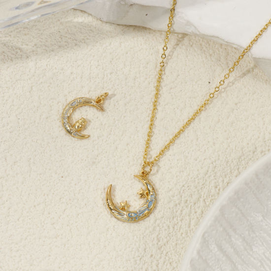 Picture of Eco-friendly Brass Galaxy Charms 18K Real Gold Plated Enamel Crescent Moon 22mm x 17mm