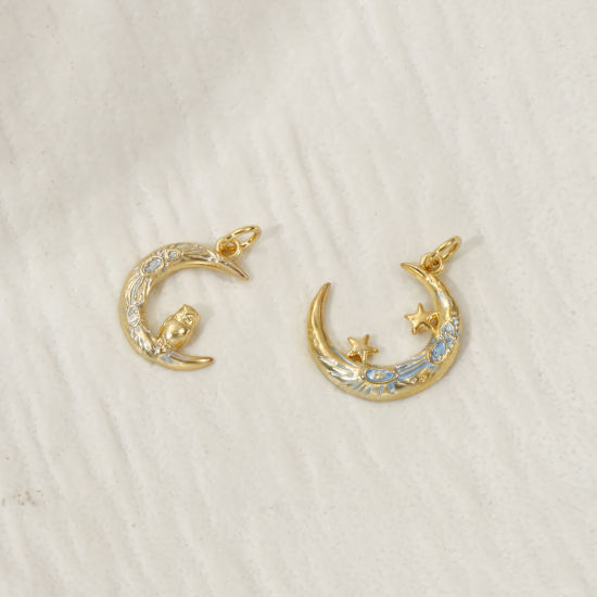 Picture of Eco-friendly Brass Galaxy Charms 18K Real Gold Plated Enamel Crescent Moon 22mm x 17mm