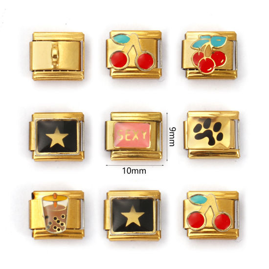 Image de 2 Pcs Bracelet à Maillons Breloques Italiens Accessories de Fabrication de Bracelets Bijoux DIY Bijoux d'Océan en 304 Acier Inoxydable Plaqué Or 18K Rectangle Cerises 10mm x 9mm