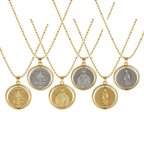 Image de Collier à Breloques Médaille Saint-Benoît Plaqué Or Véritable 18K en Laiton Pour Femmes, Chaîne Maille Bille 45cm + 5cm, Double Face Rotatif, Religieux Exquis Respectueux de la Nature, 1 Pièce