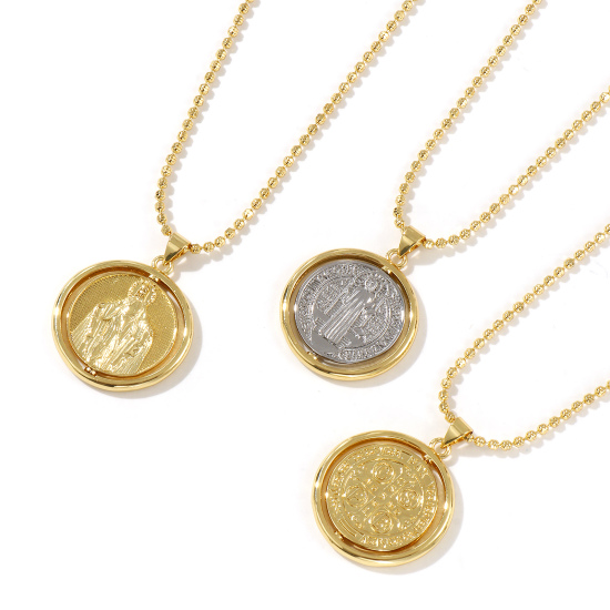 Image de Collier à Breloques Médaille Saint-Benoît Plaqué Or Véritable 18K en Laiton Pour Femmes, Chaîne Maille Bille 45cm + 5cm, Double Face Rotatif, Religieux Exquis Respectueux de la Nature, 1 Pièce