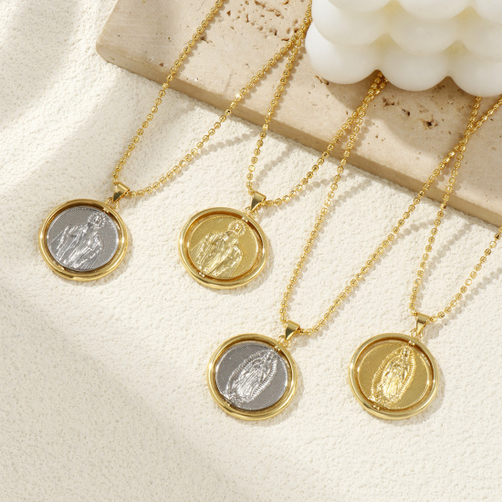 Image de Collier à Breloques Médaille Saint-Benoît Plaqué Or Véritable 18K en Laiton Pour Femmes, Chaîne Maille Bille 45cm + 5cm, Double Face Rotatif, Religieux Exquis Respectueux de la Nature, 1 Pièce