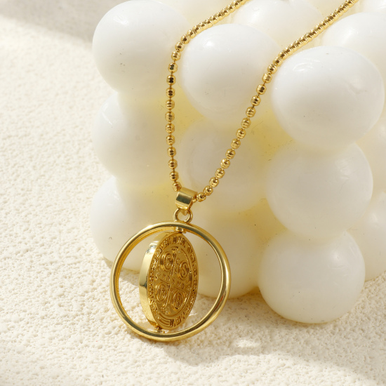 Image de Collier à Breloques Médaille Saint-Benoît Plaqué Or Véritable 18K en Laiton Pour Femmes, Chaîne Maille Bille 45cm + 5cm, Double Face Rotatif, Religieux Exquis Respectueux de la Nature, 1 Pièce