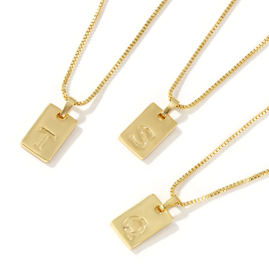 Image de Collier à Breloques Rectangle Plaqué Or Véritable 18K en Laiton Pour Femmes, Chaîne Maille Vénitienne 45cm + 5cm, Message " A-Z " Alphabet Majuscule Lettre Initiale Minimaliste Cadeau, Respectueux de la Nature, 1 Pièce