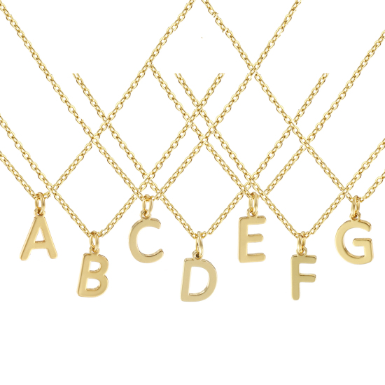 Image de Collier à Breloques Plaqué Or Véritable 18K en Laiton Pour Femmes, Chaîne Maille Forçat 45cm + 5cm, Message " A-Z " Alphabet Majuscule Lettre Initiale Minimaliste Cadeau, Respectueux de la Nature, 1 Pièce