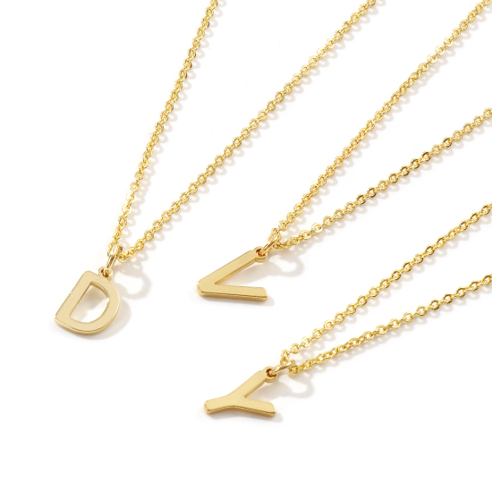 Image de Collier à Breloques Plaqué Or Véritable 18K en Laiton Pour Femmes, Chaîne Maille Forçat 45cm + 5cm, Message " A-Z " Alphabet Majuscule Lettre Initiale Minimaliste Cadeau, Respectueux de la Nature, 1 Pièce