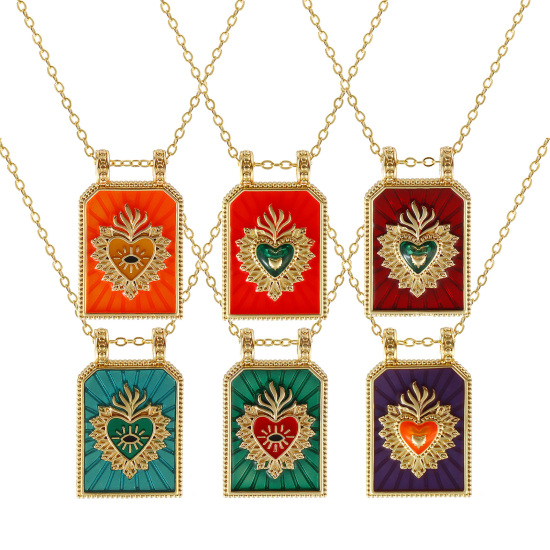 Image de Collier à Breloques Hexagone Plaqué Or Véritable 18K en Laiton Pour Femmes, Chaîne Maille Forçat 46cm + 6cm, Coeur de Ex-Voto Émail Religieux Vintage Cadeau, Respectueux de la Nature, 1 Pièce