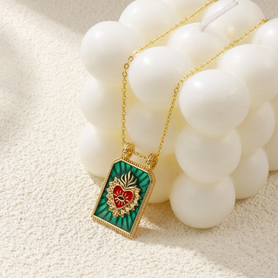 Image de Collier à Breloques Hexagone Plaqué Or Véritable 18K en Laiton Pour Femmes, Chaîne Maille Forçat 46cm + 6cm, Coeur de Ex-Voto Émail Religieux Vintage Cadeau, Respectueux de la Nature, 1 Pièce