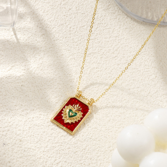 Image de Collier à Breloques Hexagone Plaqué Or Véritable 18K en Laiton Pour Femmes, Chaîne Maille Forçat 46cm + 6cm, Coeur de Ex-Voto Émail Religieux Vintage Cadeau, Respectueux de la Nature, 1 Pièce