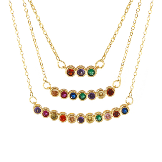 Image de Collier à Breloques Rond Plaqué Or Véritable 18K en Laiton Pour Femmes, Chaîne Maille Forçat à Zircone Cubique Multicolore Pierres de Naissance Minimaliste Cadeau, Respectueux de la Nature, 1 Pièce