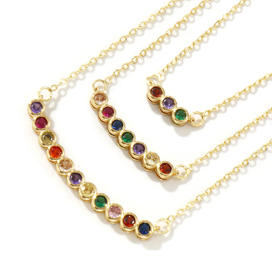 Image de Collier à Breloques Rond Plaqué Or Véritable 18K en Laiton Pour Femmes, Chaîne Maille Forçat à Zircone Cubique Multicolore Pierres de Naissance Minimaliste Cadeau, Respectueux de la Nature, 1 Pièce