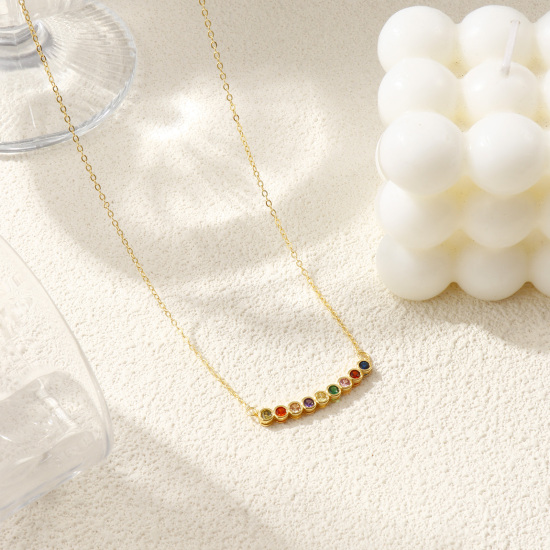 Image de Collier à Breloques Rond Plaqué Or Véritable 18K en Laiton Pour Femmes, Chaîne Maille Forçat à Zircone Cubique Multicolore Pierres de Naissance Minimaliste Cadeau, Respectueux de la Nature, 1 Pièce