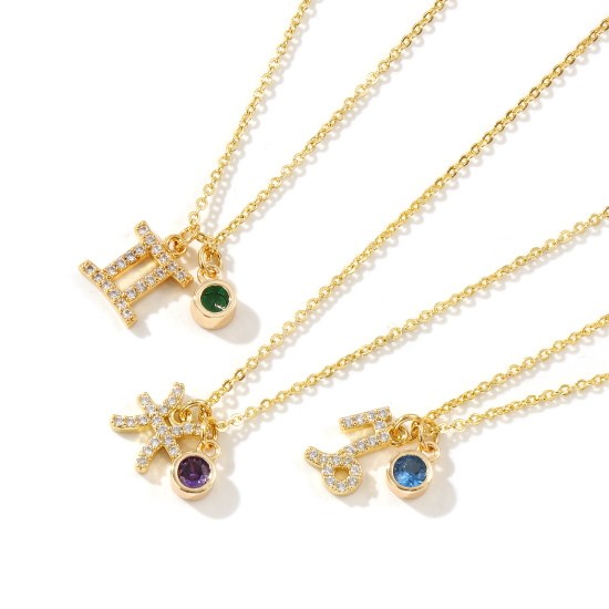 Image de Collier à Breloques Constellation Plaqué Or Véritable 18K en Laiton Pour Femmes, Chaîne Maille Forçat 45cm + 5cm, à Zircone Cubique Multicolore Micro Pave, Exquis Pierres de Naissance Cadeau, Respectueux de la Nature, 1 Pièce
