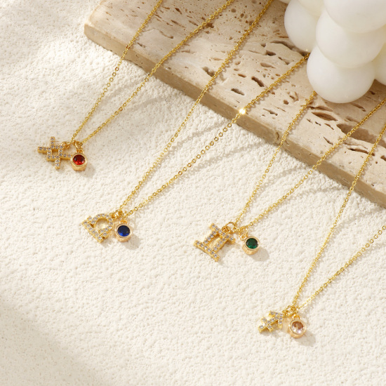 Image de Collier à Breloques Constellation Plaqué Or Véritable 18K en Laiton Pour Femmes, Chaîne Maille Forçat 45cm + 5cm, à Zircone Cubique Multicolore Micro Pave, Exquis Pierres de Naissance Cadeau, Respectueux de la Nature, 1 Pièce