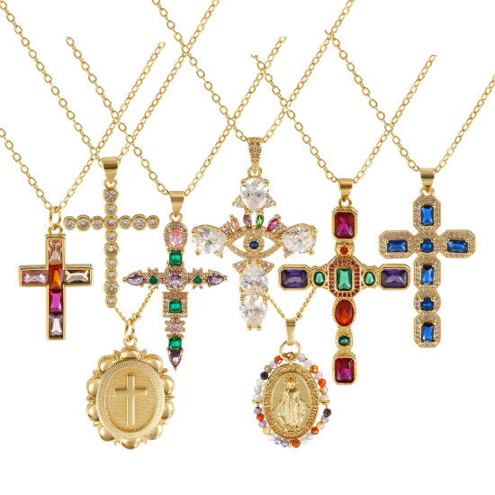 Imagen de 18K Oro Real Chapado Cruz Collar con Colgante, Latón Para Mujeres, Retro Religión Regalo, Respetuoso del Medio Ambiente, 1 Unidad