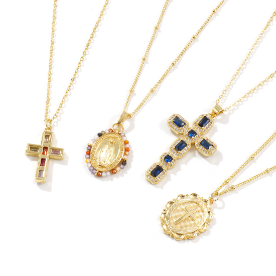 Imagen de 18K Oro Real Chapado Cruz Collar con Colgante, Latón Para Mujeres, Retro Religión Regalo, Respetuoso del Medio Ambiente, 1 Unidad