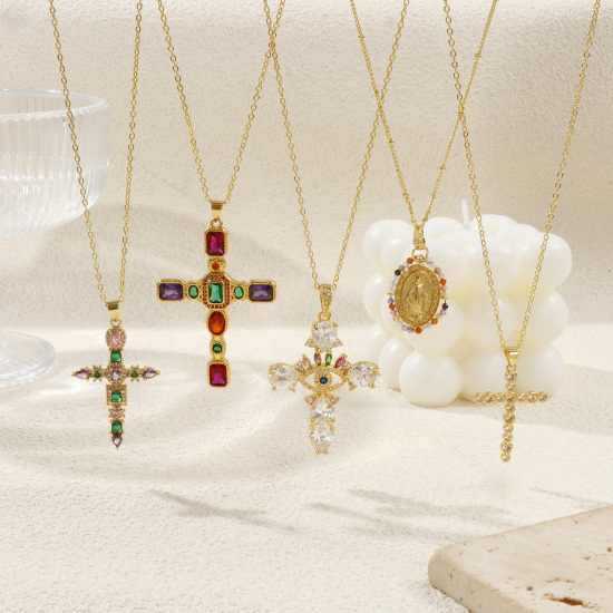 Imagen de 18K Oro Real Chapado Cruz Collar con Colgante, Latón Para Mujeres, Retro Religión Regalo, Respetuoso del Medio Ambiente, 1 Unidad