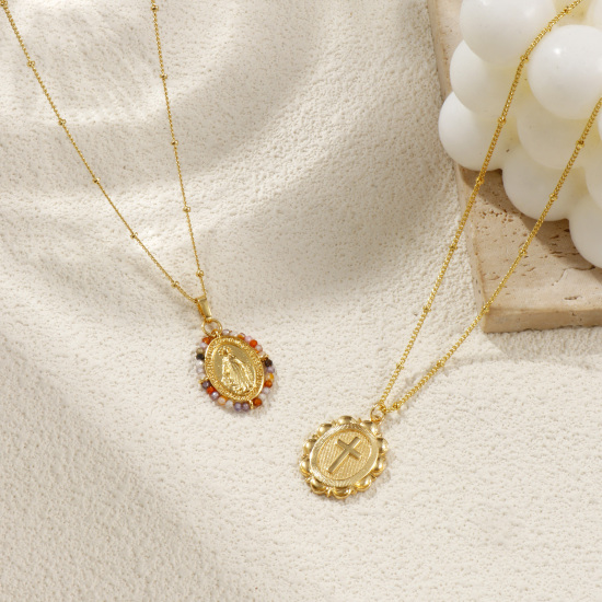 Imagen de 18K Oro Real Chapado Cruz Collar con Colgante, Latón Para Mujeres, Retro Religión Regalo, Respetuoso del Medio Ambiente, 1 Unidad