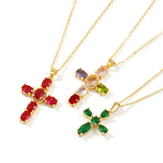 Image de Collier à Breloques Croix Plaqué Or Véritable 18K en Laiton & Zirconia Cubique Pour Femmes, Chaîne Maille Forçat 46cm + 6cm, Micro Pave, Religieux Vintage Cadeau, Respectueux de la Nature, 1 Pièce