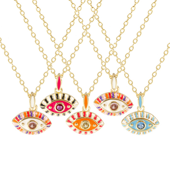 Image de 18K Real Gold Plated Link Cable Chain Eye Pendant Charm Necklace, Brass & Cubic Zirconia 46cm(18.1") + 6cm(2.4"), For Women, Enamel Retro Exquisite Gift, Eco-friendly, 1 Piece