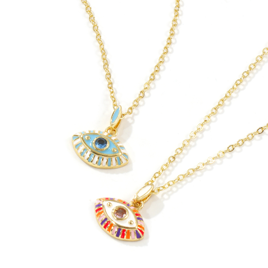 Image de 18K Real Gold Plated Link Cable Chain Eye Pendant Charm Necklace, Brass & Cubic Zirconia 46cm(18.1") + 6cm(2.4"), For Women, Enamel Retro Exquisite Gift, Eco-friendly, 1 Piece