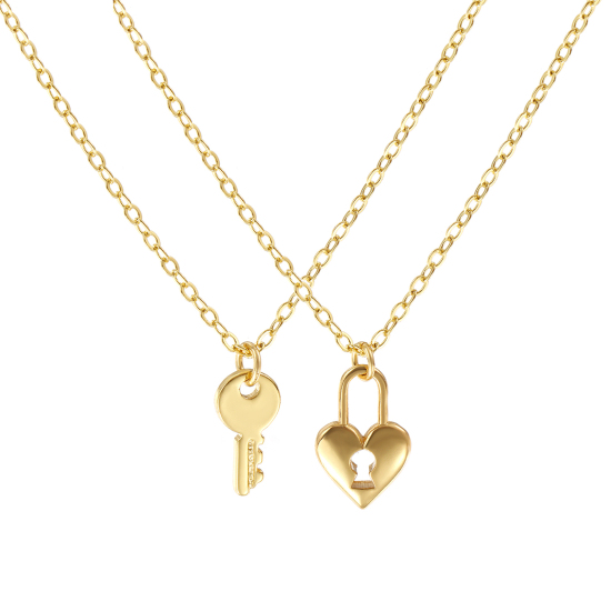Image de Collier à Breloques Serrure d'Amour & Clé Plaqué Or Véritable 18K en Laiton Pour Femmes, Chaîne Maille Forçat 46cm + 6cm, Exquis À la Mode Cadeau, Respectueux de la Nature, 1 Pièce