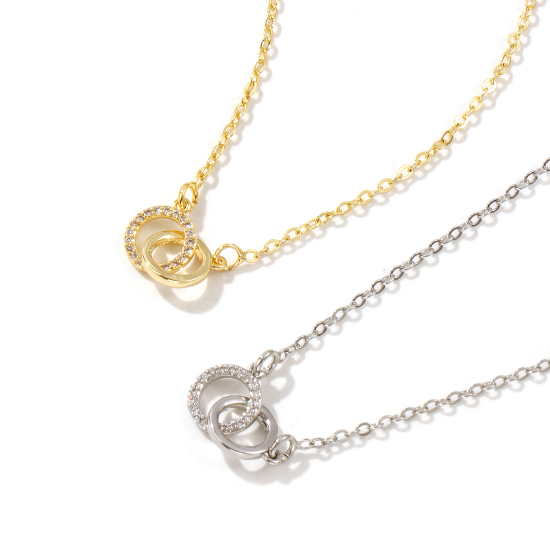 Image de Collier à Breloques Double Cercle Plaqué Or Véritable en Laiton Pour Femmes, Chaîne Maille Forçat 46cm + 5cm, à Zircone Cubique Clair Micro Pave, Exquis À la Mode Cadeau, Respectueux de la Nature, 1 Pièce